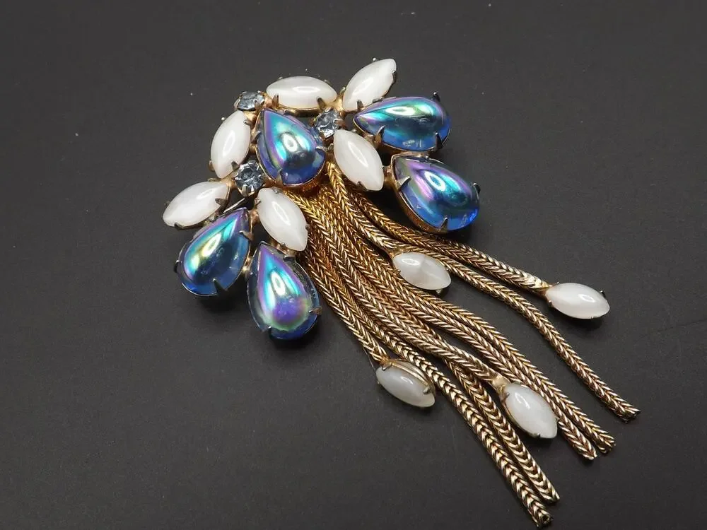 Iridescent Blue Gold Plated Fringe Brooch, White Art Glass Stones, 1960s Vintage